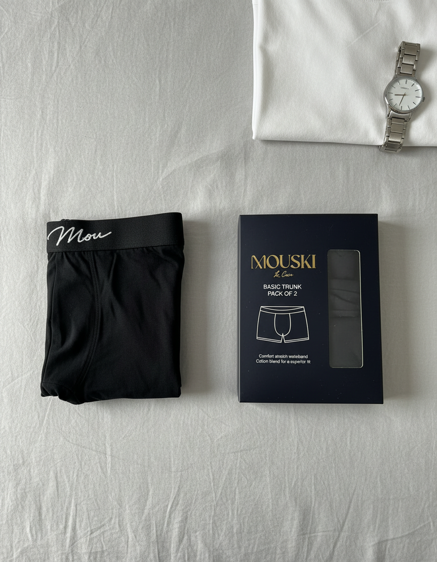 Mouski Men’s Basic Trunk Underwear, Cotton Blend Stretch Waistband, Comfortable Everyday Fit,pack of 2, Black